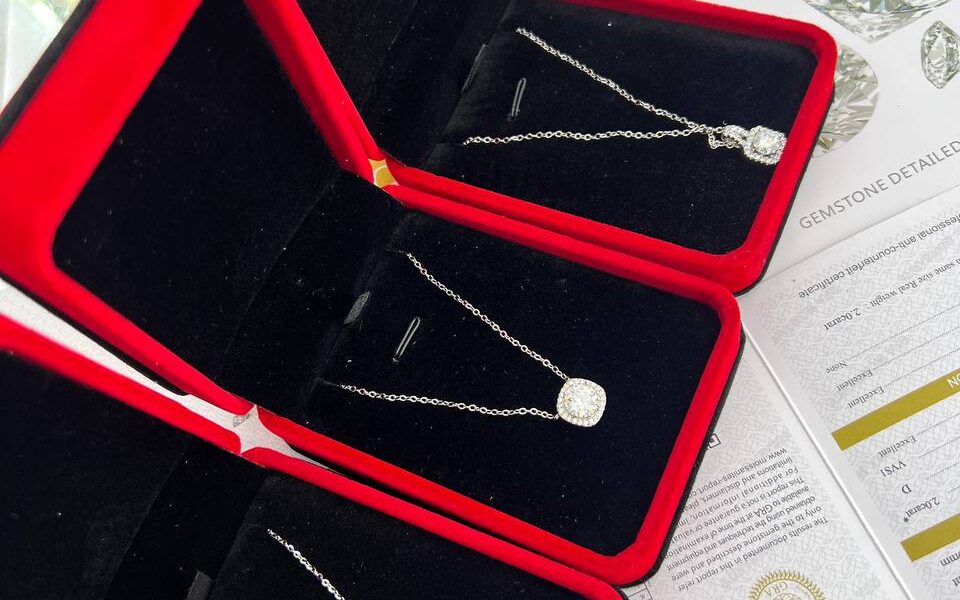 Diamond earrings and necklaces